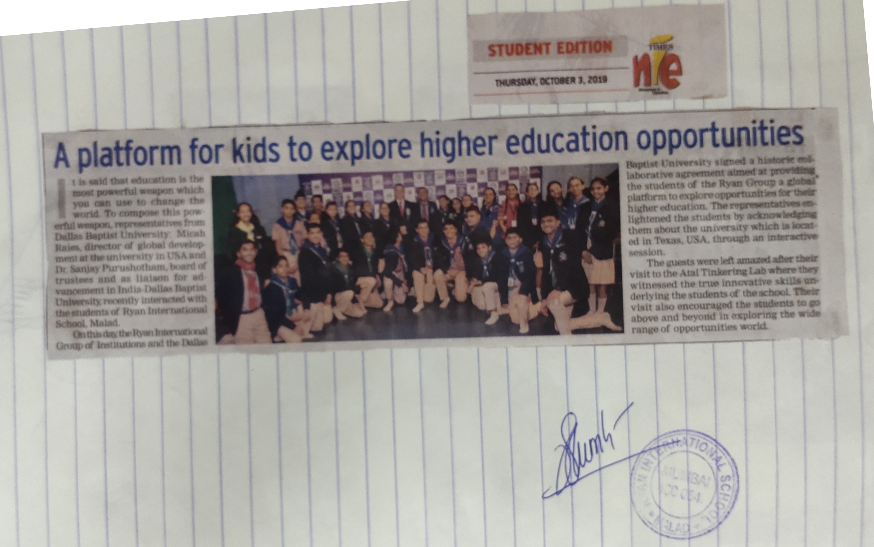 An article under the name “Interactive Session with dallas Baptist University” was published in the Times of India